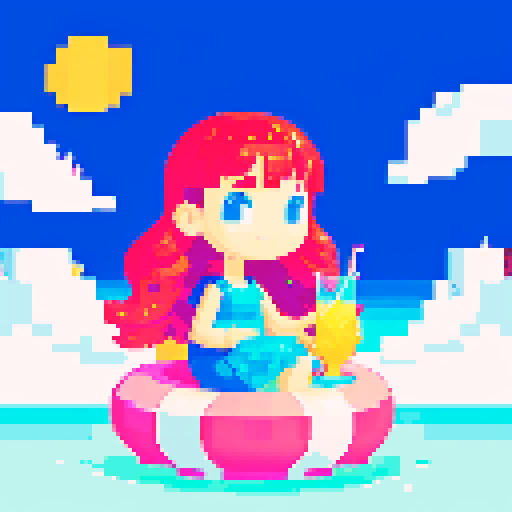 girl on float, holding a brightly colored drink, surrounded by soft sand, with vibrant pixelated waves crashing in the background