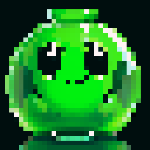 A classic green Slime with a semi-transparent, jelly-like body. It has large, friendly eyes and a simple, happy expression. The Slime has a characteristic amorphous shape and a slightly glossy surface. No background.
