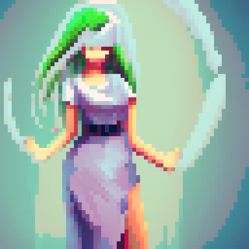 green hair, white clothes, greek woman