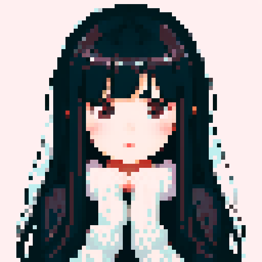 normal dark-haired girl, long hair, expressive eyes, soft shading, intricate details, whimsical charm, seamless pixelation, sad melancholy, cozy winter
