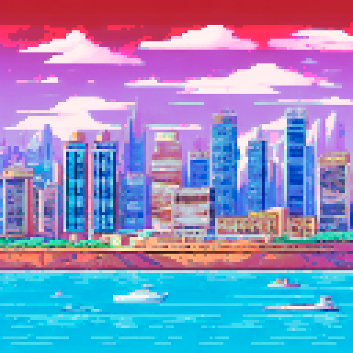 Monaco's glittering harbor nestled amidst towering skyscrapers, a sleek red Ferrari zooming past the roaring crowd, the sun-drenched coastline glittering in the background, all captured in vibrant pixelated glory