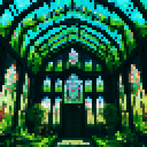 Gothic greenhouse with towering stained glass windows, intricate wrought iron framework, lush and overgrown with vibrant moss and ivy, bathed in ethereal pixelated light, evoking a sense of mystery and enchantment in the sRGB color palette