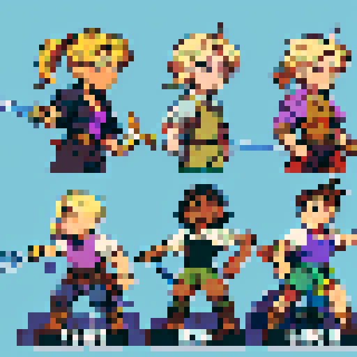 2D character, blond hair, vest, sword in hand, sprite sheet, walking, running, fighting animations, purple shirt, exposed chest, black hair, brown boots, muscle growth, pixel art style, sRGB colors
