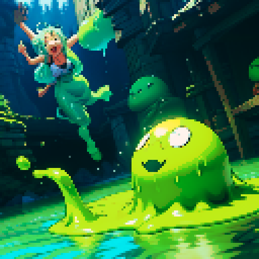 hero sinking into slime, feet stuck in slime