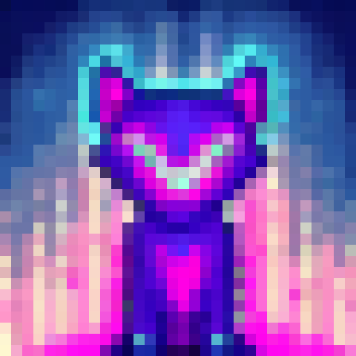 Neon cat with glowing eyes in a futuristic city skyline, surrounded by electric blue and pink lightning bolts, all rendered in a pixelated 32x32 art style.
