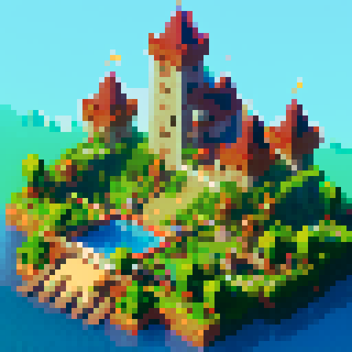 Pixelated castle in Zelda, towering turrets, a moat with floating rupees, Link on horseback charging towards the drawbridge