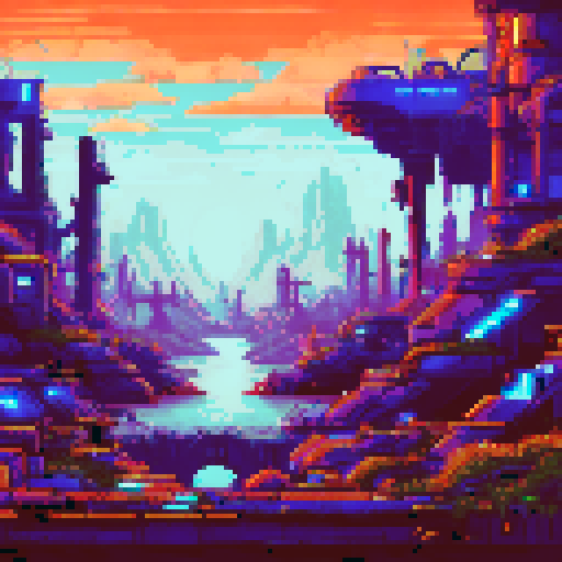 Futuristic post-apocalyptic level design with ancient ruins and advanced tech. Decayed metallic structures, broken machinery, overgrown plants, and glowing neon accents in Cyan (#00FFFF) and Purple (#8A2BE2). Dark gray and rusted metal textures dominate the environment. Use vibrant electric colors for technology remnants. Shadows and lighting create contrast for depth. Include broken walls, pipes, and floating platforms, with hints of distant, destroyed cities or landscapes in the background