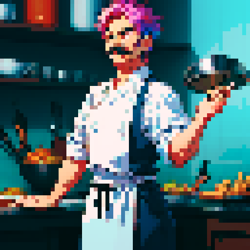 cooking chef with moustache, frying pan in hand, pixel art, vibrant sRGB colors
