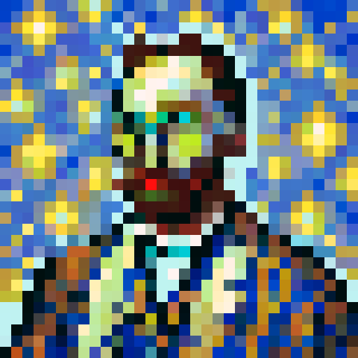 Vincent Van Gogh, king of cryptocurrency, close-up, pixel art portrait capturing his gold Gucci glasses, crown, and Gucci apparel in 32x32 resolution with a skill art style, reminiscent of a game icon