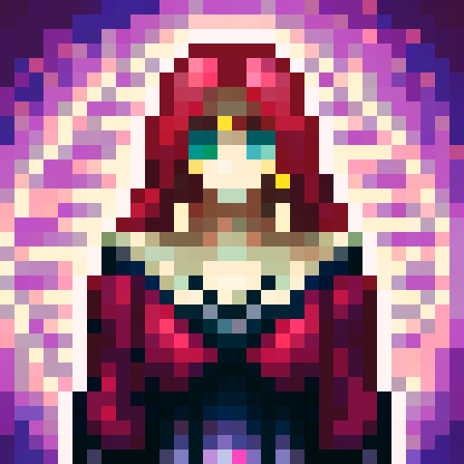 Shalltear Bloodfallen, sRGB colors, skill art, close up, portrait, with flowing scarlet hair, in a 32x32 pixel art style