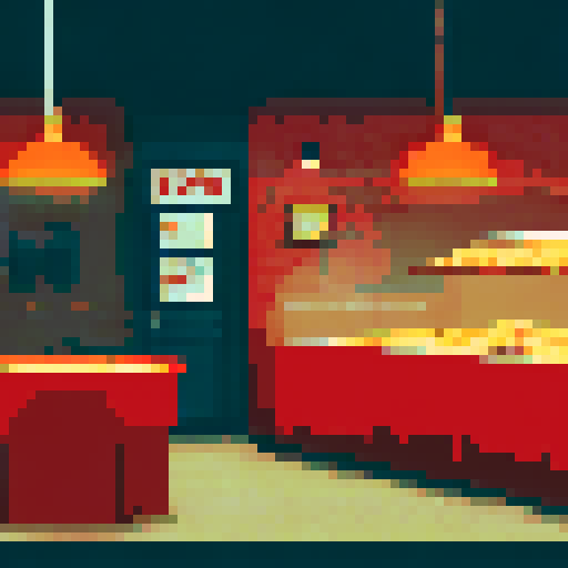 Dimly lit pizzeria office with a retro sign, flickering neon lights, red and white checkered tablecloths, and a stack of pizza boxes in the corner