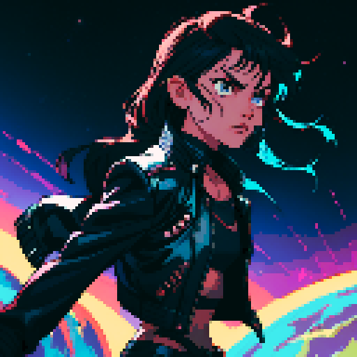 male character, dual-wielding knives, space pirate, leather jacket, vibrant colors, retro video game style, pixelated details, starry background, spaceship in the distance, intense action, dynamic poses
