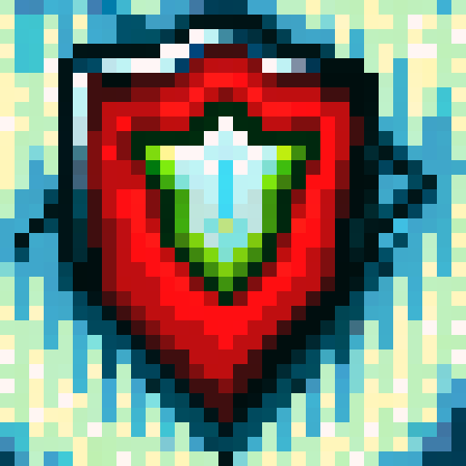 32x32 pixel art sword and shield game icon featuring a close-up, portrait-style depiction of a masterfully crafted knight's shield emblazoned with a fiery dragon motif, the crossed swords behind it etched with a gleaming, silver finish in a skill art style.
