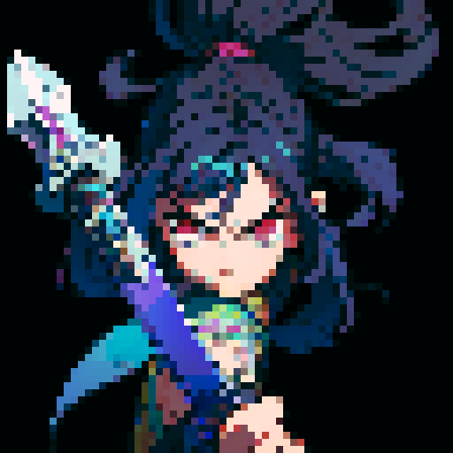 girl with long hair and fierce expression, holding a shining sword with intricate engravings, vibrant colors, and sharp pixelated details