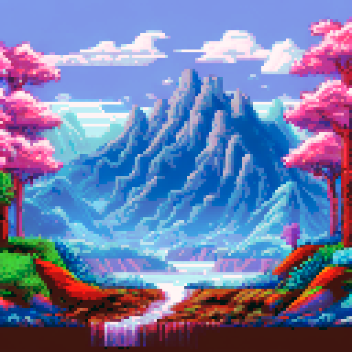 forest scene, with trees and rocks, cheery blossoms and pine trees, mountains in the background falling leaves