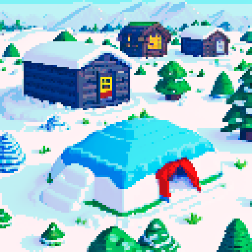 snowy mountain range, igloo, campsite, cold, pixel art, sRGB