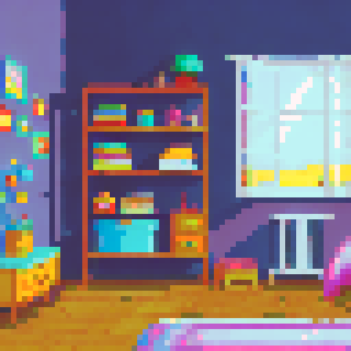 A cozy, colorful child's room with a vibrant, pixel art background, whimsical, toy-filled 