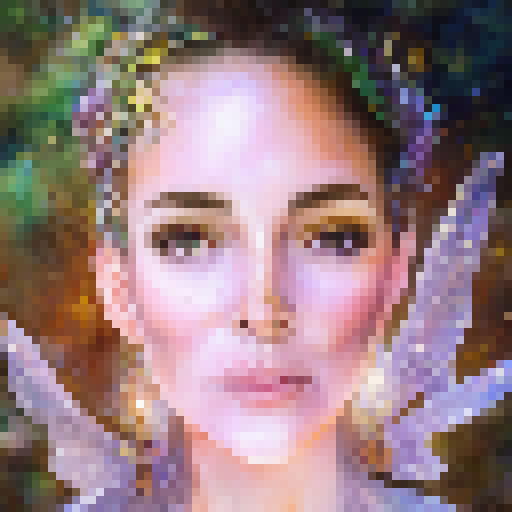 Glowing mushrooms illuminate a mystical forest where a fairy queen, adorned in gold and jewels, dances with her court of winged creatures as a beam of light filters through the trees in a watercolor style.