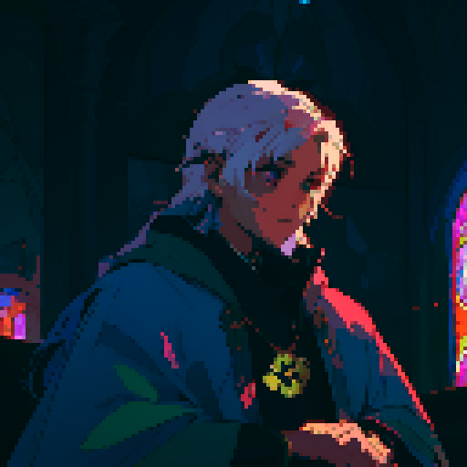 Priest, stained glass windows, vibrant colors, ornate robes, pixelated halos, illuminated Bible, candlelit altar, mosaic patterns, religious symbols, low resolution, retro aesthetic