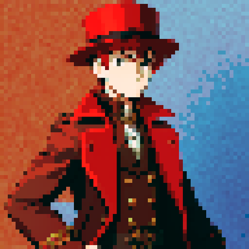 steampunk young man, red coat, red hat, 2D game stance, pixel art, sRGB