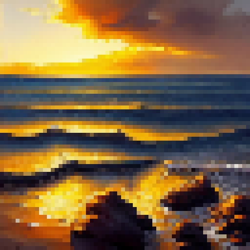 Sun-kissed ocean waves crash against rocky cliffs in a warm-hued landscape portrait, with a mysterious sun at the center of it all, painted in oil with shades of yellow and contrasting warm tones.