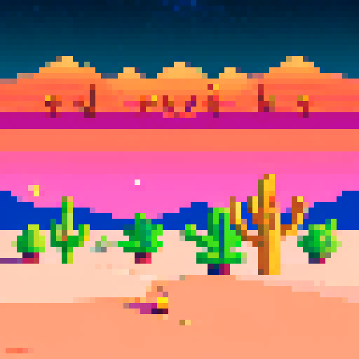 Desert dunes, glowing under a starlit sky, with cacti towering above, all depicted in vibrant pixel art with a striking sRGB color palette