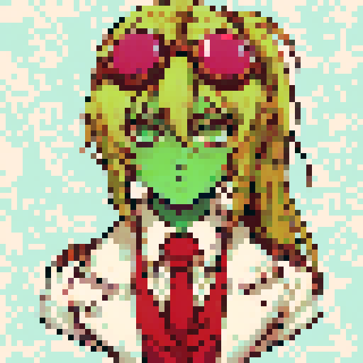 Zombie with green skin, shoulder length blonde hair styled with straight bangs covering the forehead, and a high ponytail, green eyes with a neutral expression and slight frown, wearing large pinkish red goggles on top of the head, a white jacket, red vest and red tie underneath, white shirt with visible collar, set against a pixel art background depicting a serene, sRGB landscape
