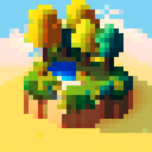 scenery with a rock in the middle and two bit trees, one at each side. the sky have a bright yellow sun