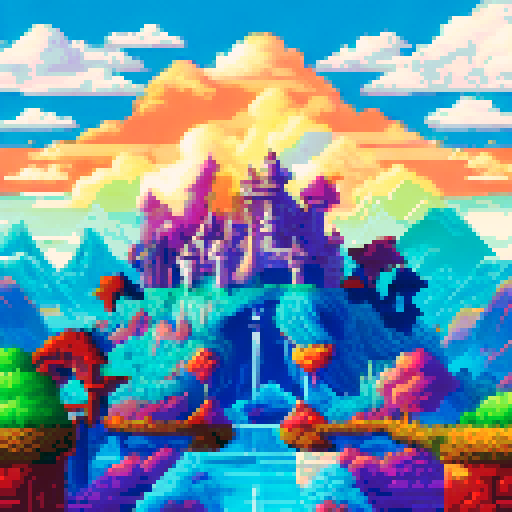 Cloud-like letters float in a vibrant, sRGB-colored landscape, forming the Gaming Heaven logo amidst a pixelated paradise