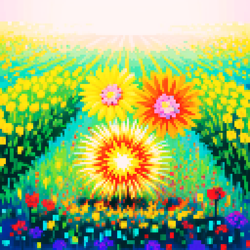 Field of vibrant, exploding flower fireworks depicted in pixel art with a vivid sRGB color palette