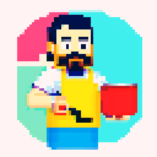cooking chef sprite character with moustache , frying pan in hand, pixel art, vibrant colors, detailed sprites, retro aesthetic, 8-bit style, sRGB color profile, lively animations