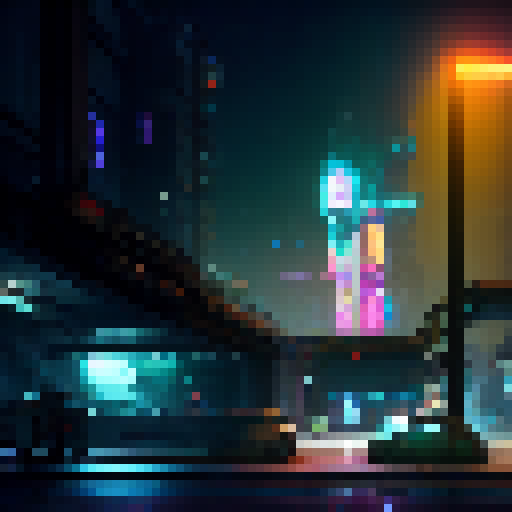 "Create a cybernetic-infused slum where neon lights flicker amidst towering skyscrapers, in a sideview RPG style, for a battleback scene in the latest RPG Maker MZ."