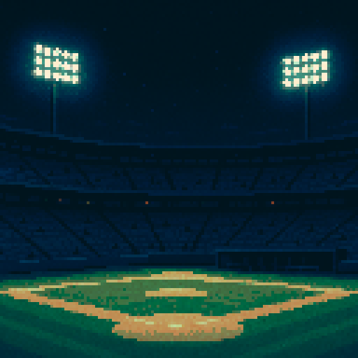 Pixel art of a quiet baseball stadium under the lights at night. The field is pristine, but the stands are mostly empty—just a few scattered silhouettes of fans. The bright glow of stadium lights contrasts against a deep navy-blue sky with hints of stars. The team dugout is dark and waiting. Use rich blues, pale greens for the field, and white/yellow stadium lights that halo softly.