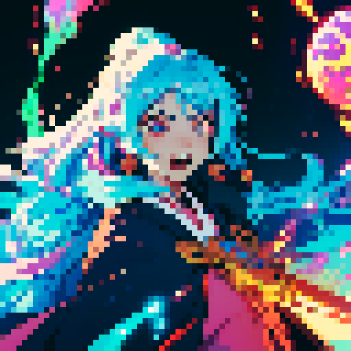 legendary anime girl wizard, long flowing hair, vibrant and dynamic colors, glowing magical staff, intricate and ornate robes, intense and happy expression looking to the right with entire body visible, sparkling and shimmering background, detailed and precise pixel art
