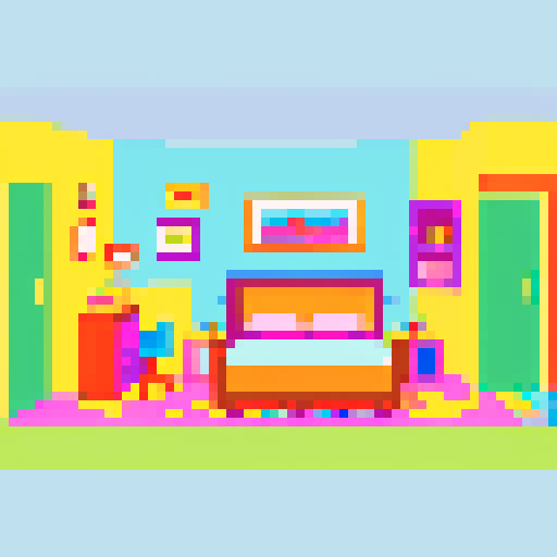 A cozy, colorful child's room with a vibrant, pixel art background, whimsical, toy-filled 
