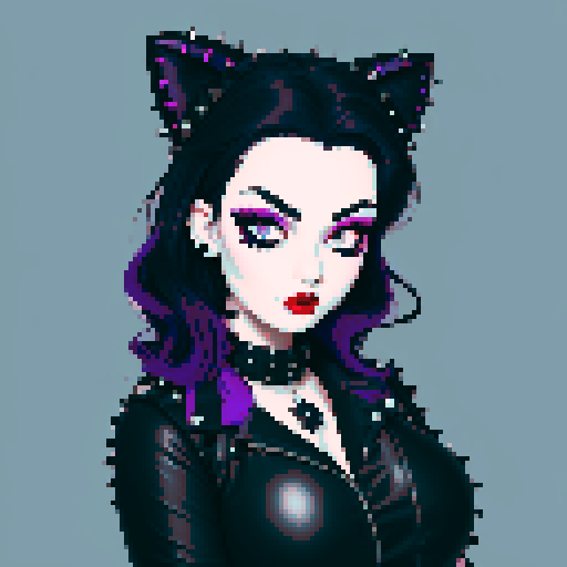 curvy, cute busty greaser goth girl's face, goth cat girl, whole head portrait, black hair, purple eyeshadow, red lipstick, low cut black studded leather halter top, studded collar, game avatar portrait, vibrant sRGB colors