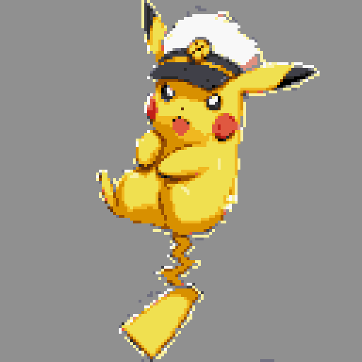 Create an image of Captain Pikachu standing balanced on his tail, showcasing agility. He wears a captain's hat tilted slightly forward over his narrowed eyes. A subtle smirk is on his face. Electric sparks crackle around his cheeks and tail. Focus on his physical details: the hat, the smirk, the tail-standing pose, and the electric sparks.