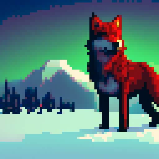 red, pixelated, sprite-style wolfdog, with a vibrant sRGB color palette, set against a detailed pixel art background depicting a serene and majestic landscape
