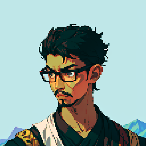 Southeast Asian man, short curly hair, round glasses, tanned, goatee, diamond shaped face, black eyes, age 25, wearing a cloaks