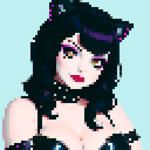 curvy, cute goth cat girl face, black hair, purple eyeshadow, red lipstick, studded leather, face portrait, glamour shot, vibrant sRGB colors, pixel art
