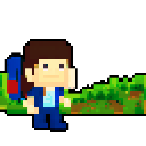 A single sprite of a young boy with a backpack on, pixel art, facing the camera, with a plain expression. His eyes are blue and his hair is brown. His backpack is red. He's wearing green hiking pants with brown shoes. He is standing in front of a plain white wall.