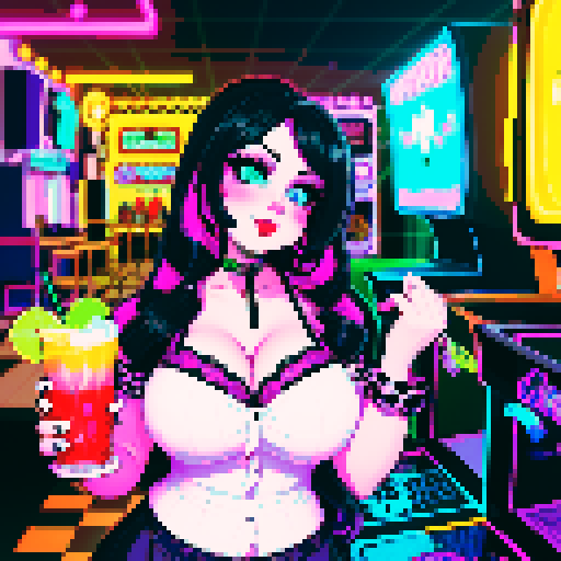Curvy cute goth girl bartender, vibrant neon hair, dark smoky eyes, black lace choker, fishnet stockings, pouring colorful cocktails, retro arcade game machines, glowing pixel art characters, vibrant sRGB colors