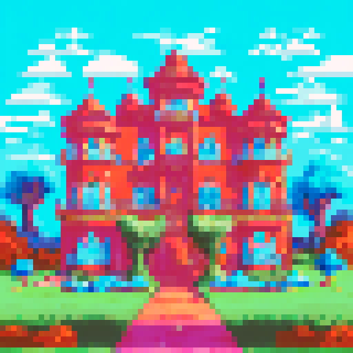 whimsical, colorful, vibrant, mansion by the sea, sRGB, pixel art, background, landscape