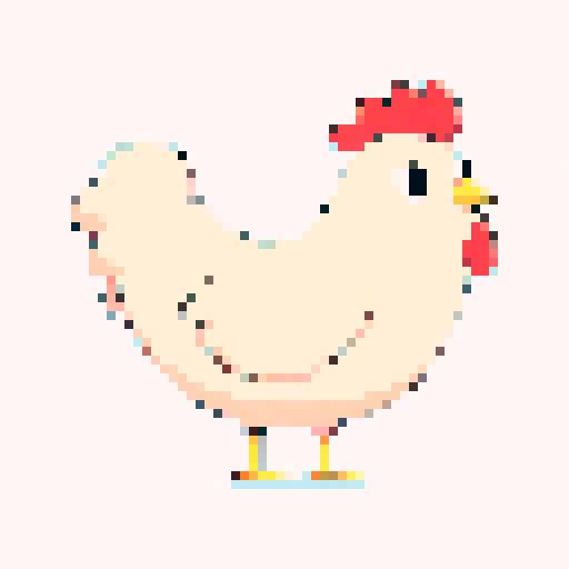 sideview of a sad chicken with pixel art style, small beady eyes, drooping wings, vibrant yellow feathers, and an expression of sorrow