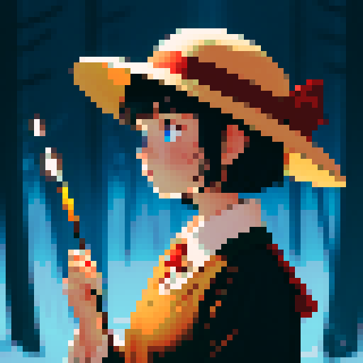 Dark night time in the forest background, midnight, dark forest, profile picture, young girl, rounded face, blue eyes, short black hair, white shirt, beige hat, red neck ribbon, holding an incense stick