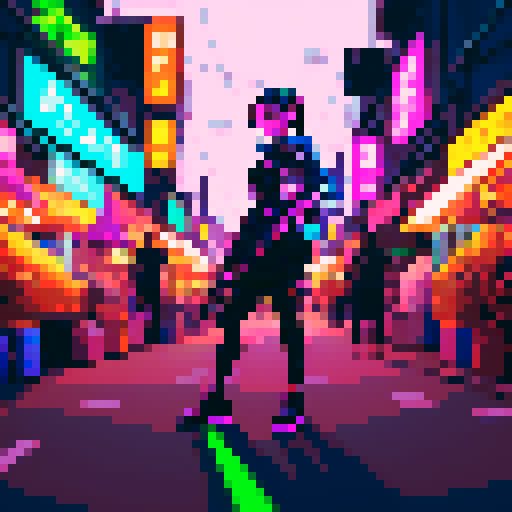 Street merchant assassin girl, neon-lit night market, slicked-back hair, pixelated sniper rifle, fluorescent tattoos, sRGB glow, bustling crowds.
