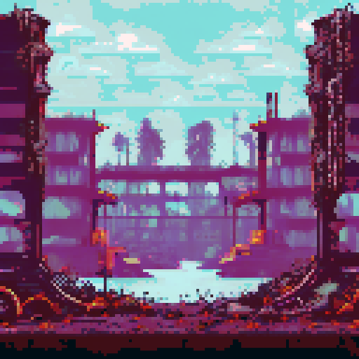 post-apocalyptic factory building, abandoned machinery, rusted pipes, overgrown vines, decaying buildings, shattered windows, eerie silence, nature reclaiming, vibrant pixelated colors, sRGB palette, atmospheric landscape
