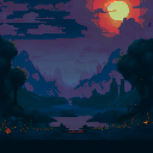 Generate a scene depicting a village under attack by night creatures for a game set in an apocalyptic world. The village should be nestled in a valley surrounded by dense forests and looming mountains, with a full moon casting an eerie glow over the landscape. Buildings should be ablaze, with flames licking the night sky and casting flickering shadows. the image should be 16:9 ratio and the colors used should be dark