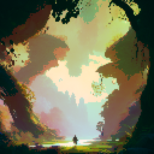 lush, vibrant foliage, towering ancient trees,hidden ruins covered in vines, exotic creatures with iridescent feathers, a magical mist enveloping the landscape, 