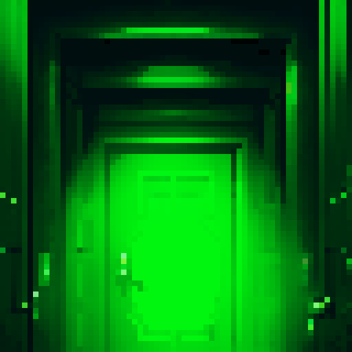 a door that reveals an infinite amount of other doors, it is a passageway, with diffuse light at the end of it, close up shot
